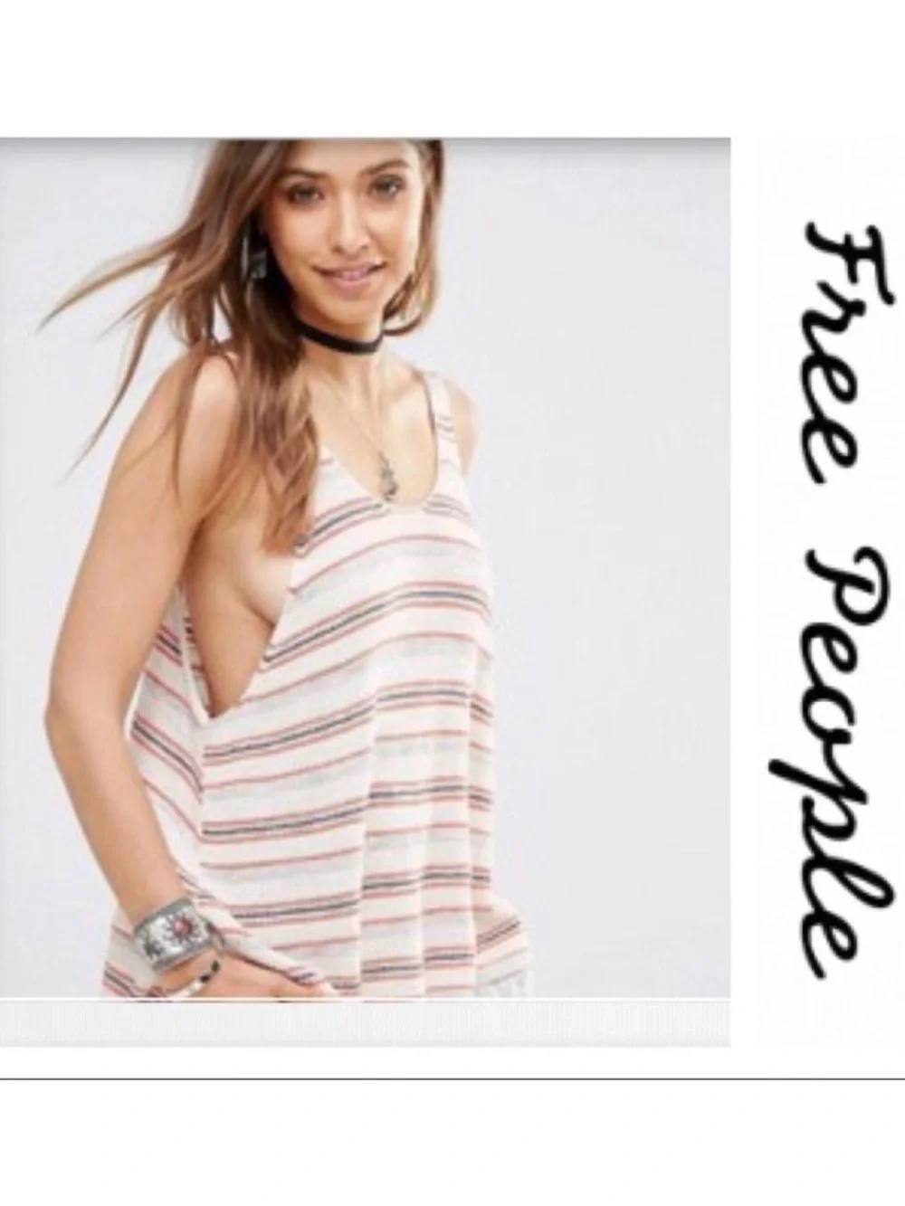 Free People Beige Knit Tank with Red & Navy Stripes